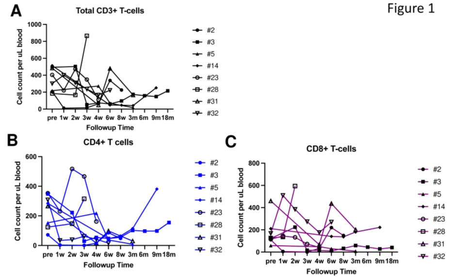 Circulating T cells following CD5.CAR-T cell