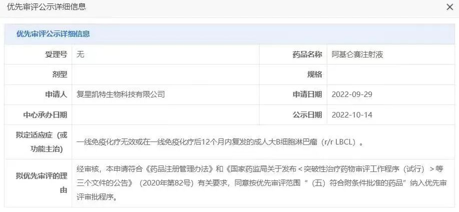 CDE announcement on the status of the marketing application for the second-line LBCL treatment indication of 奕凯达